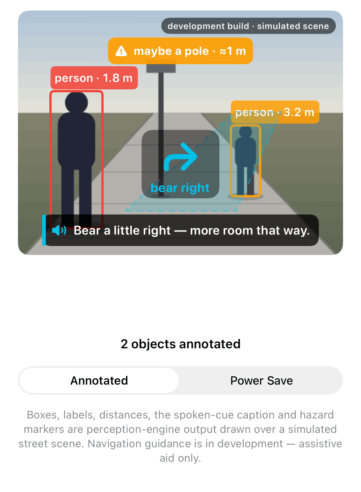 What Lenny works out from the camera — bounding boxes, object labels, and distance measurements drawn over a footpath scene: a path edge detection overlay, labelled obstacles, and depth readings annotated on a simulated development-build scene.