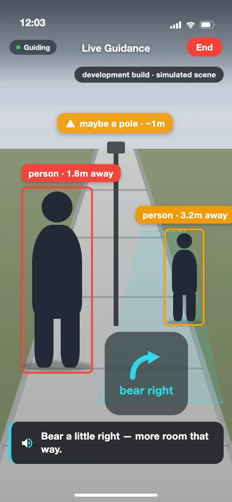 Development-build screenshot of the ChatLemur app's Live Guidance running on iPhone: a simulated footpath camera view with the perception overlay — bounding boxes labelled 'person · 1.8 m' and 'person · 3.2 m', a hedged 'maybe a pole · ~1 m' hazard chip, a cyan 'bear right' steering arrow, and a spoken-cue caption bar reading 'Bear a little right — more room that way.' A 'development build · simulated scene' badge sits under the title bar.
