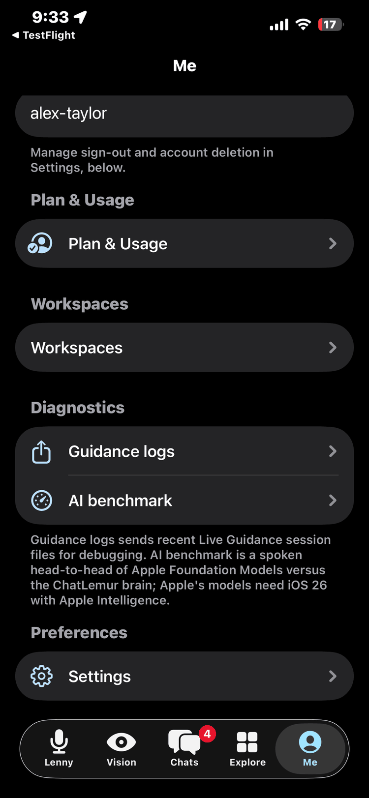 Real TestFlight screenshot of the ChatLemur iOS app's Me tab (username redacted to a generic placeholder): sections for Plan & Usage, Workspaces, and Diagnostics with Guidance logs and AI benchmark rows, explained on screen as sending recent Live Guidance session files for debugging and running a spoken head-to-head of Apple Foundation Models versus the ChatLemur brain, above a Preferences section with Settings.