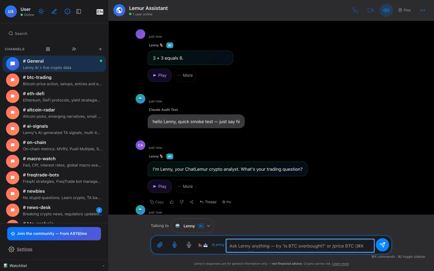Real screenshot of the logged-in ChatLemur workspace on desktop: a sidebar of text channels including general, btc-trading, eth-defi, altcoin-radar, ai-signals, on-chain, macro-watch, freqtrade-bots, newbies and news-desk, next to a Lemur Assistant conversation where Lenny, marked with an AI badge, replies 'I'm Lenny, your ChatLemur crypto analyst' with Play buttons to hear each reply spoken, and call, video and audio controls in the top bar.