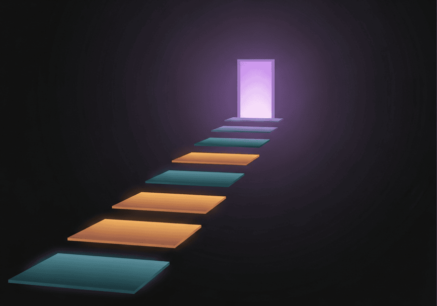Abstract dark illustration of job search: a glowing violet wireframe briefcase made of light, with a warm teal search-beam sweeping across it and faint document shapes drifting nearby, on a deep charcoal background.
