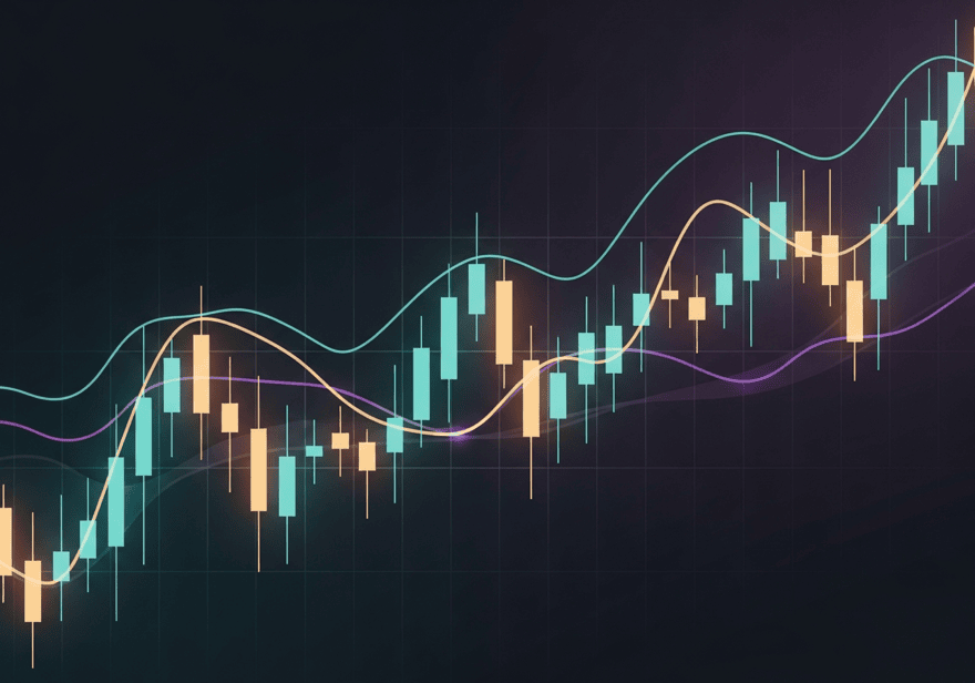 Abstract dark illustration of a rising stock chart: teal and amber candlestick bars climbing left to right, traced by smooth flowing teal and violet trend lines over a faint grid.