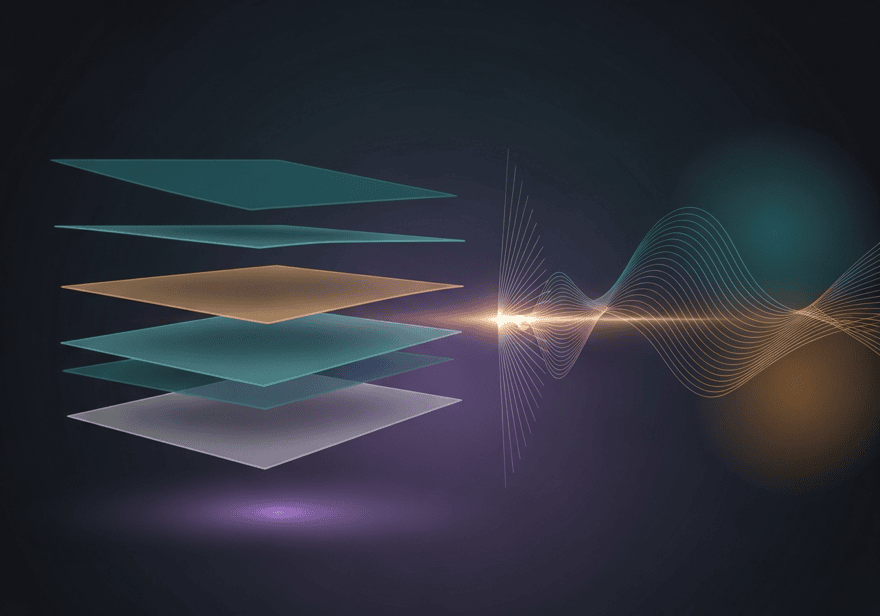 Abstract dark illustration of a news feed: stacked translucent teal and amber glass panels floating beside a glowing thread of light that fans out into a waveform.
