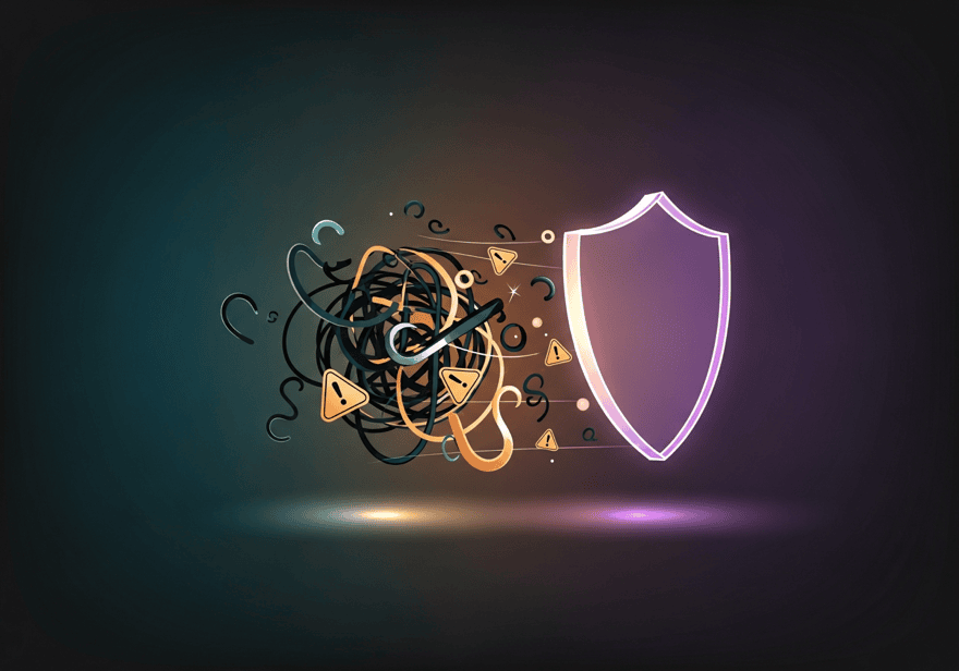 Abstract dark illustration of consumer protection: a luminous shield of light deflecting a dark tangle of hook and warning shapes, glowing warm against a deep background.