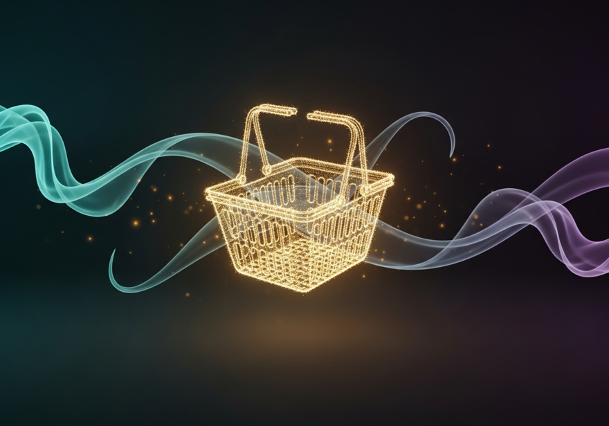 Abstract dark illustration of a smart shopping helper: a single glowing golden wireframe shopping basket made of light, floating with smooth teal and violet light ribbons curving around it and faint warm sparkles, on a deep charcoal background.