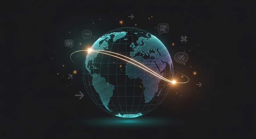Abstract dark illustration of a travel companion: a softly glowing teal-and-violet wireframe globe with a luminous arcing flight path between two waypoint dots, faint translation speech-bubbles and a wayfinding arrow drifting like aurora over a deep charcoal background with amber bokeh.