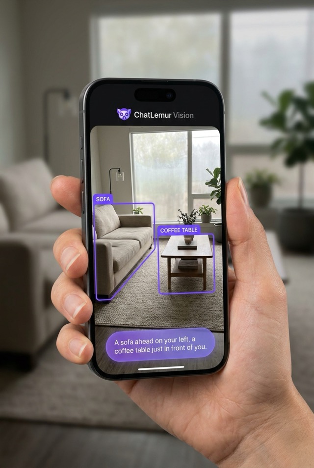 Concept illustration of Lenny's vision tools: a hand holds an iPhone showing a living room through the ChatLemur Vision app, with violet bounding boxes around a sofa and a coffee table and a caption bubble reading 'A sofa ahead on your left, a coffee table just in front of you' — the kind of description Lenny speaks out loud.